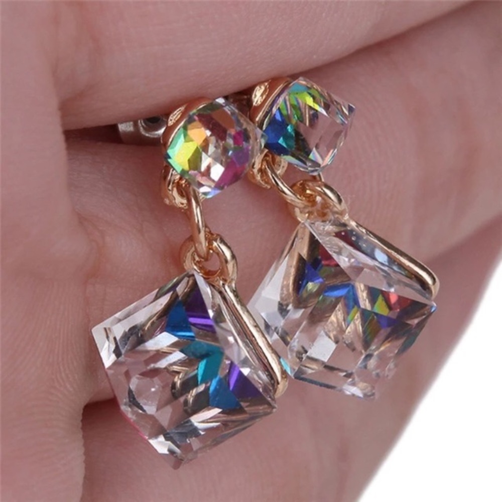 Iridescent Crystal Drop Earrings with Gold-Tone Links - Picture 3 of 8